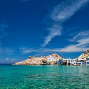 Greek village scenic picturesque view in Greece - the beach and fishing village of Firapotamos in Milos island, Greece